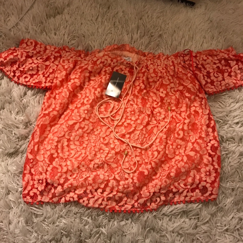 Coral lace off the shoulder top